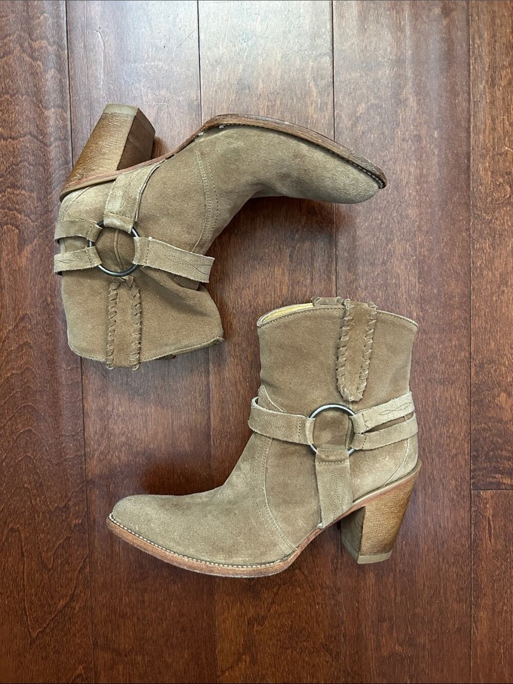 Idyllwind Beige Suede Harness Ankle Boots with Ring Detail, Size 8